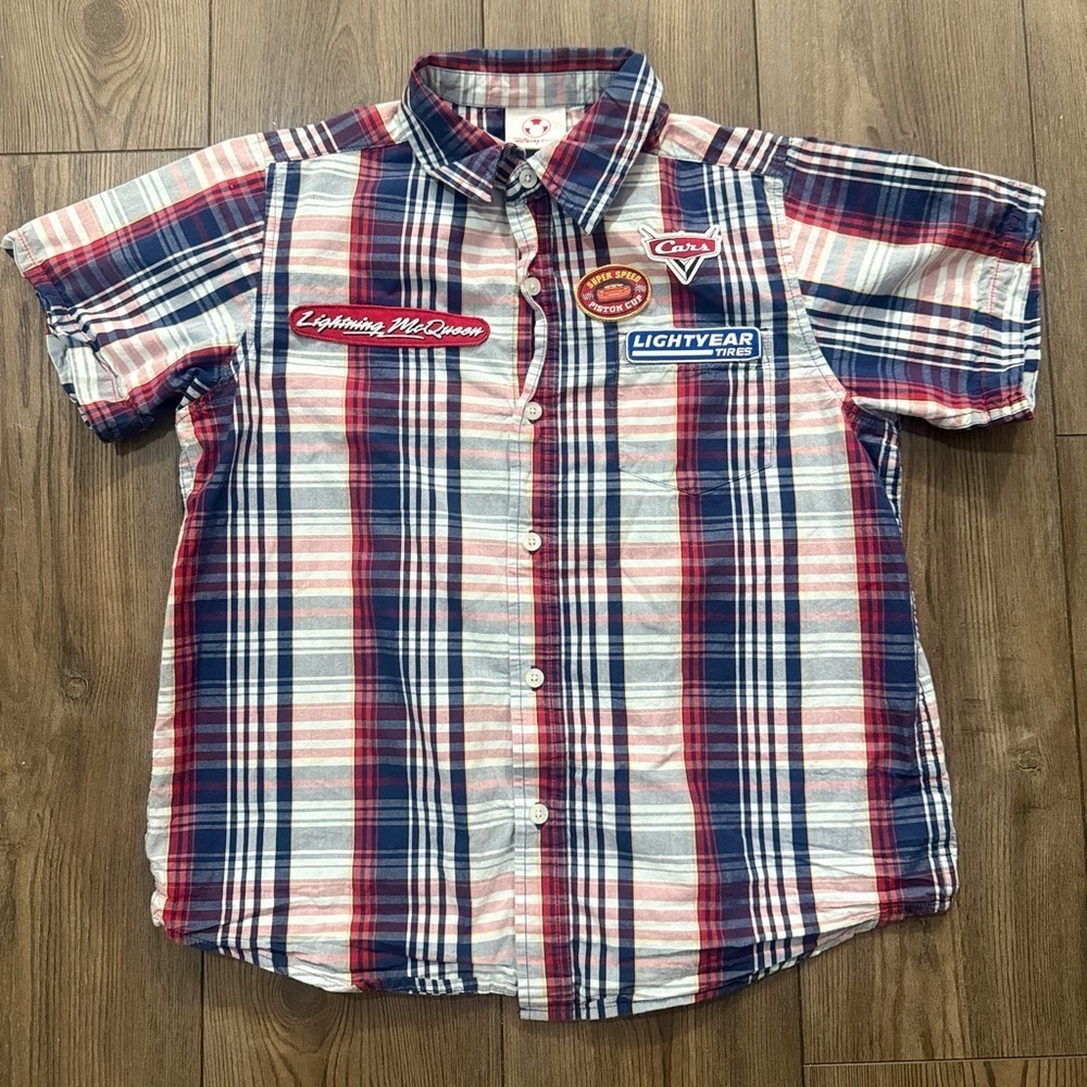 Disney Cars Lightning McQueen Plaid Button Down Shirt L 10/12 Casa Della Tires
